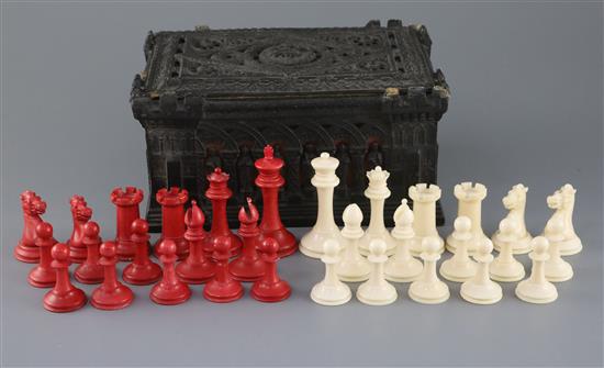 A Jaques & Son red stained and ivory Staunton pattern chess set, kings 3in.